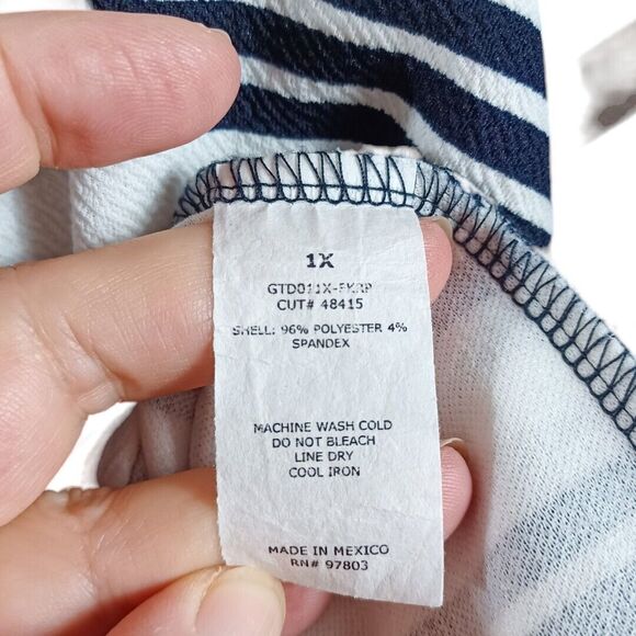 Green Envelope 1X Nautical White Blue Striped Blouse 3/4 Bell Sleeve Coastal Top - Picture 8 of 8